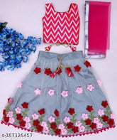 Georgette and net lehenga choli with matching net dupatta, botanical stitch design for girls, Indian traditional attire (sizes: 6-12 months, 2-3 years, 3-4 years, 5-6 years, 6-7 years, 8-9 years)